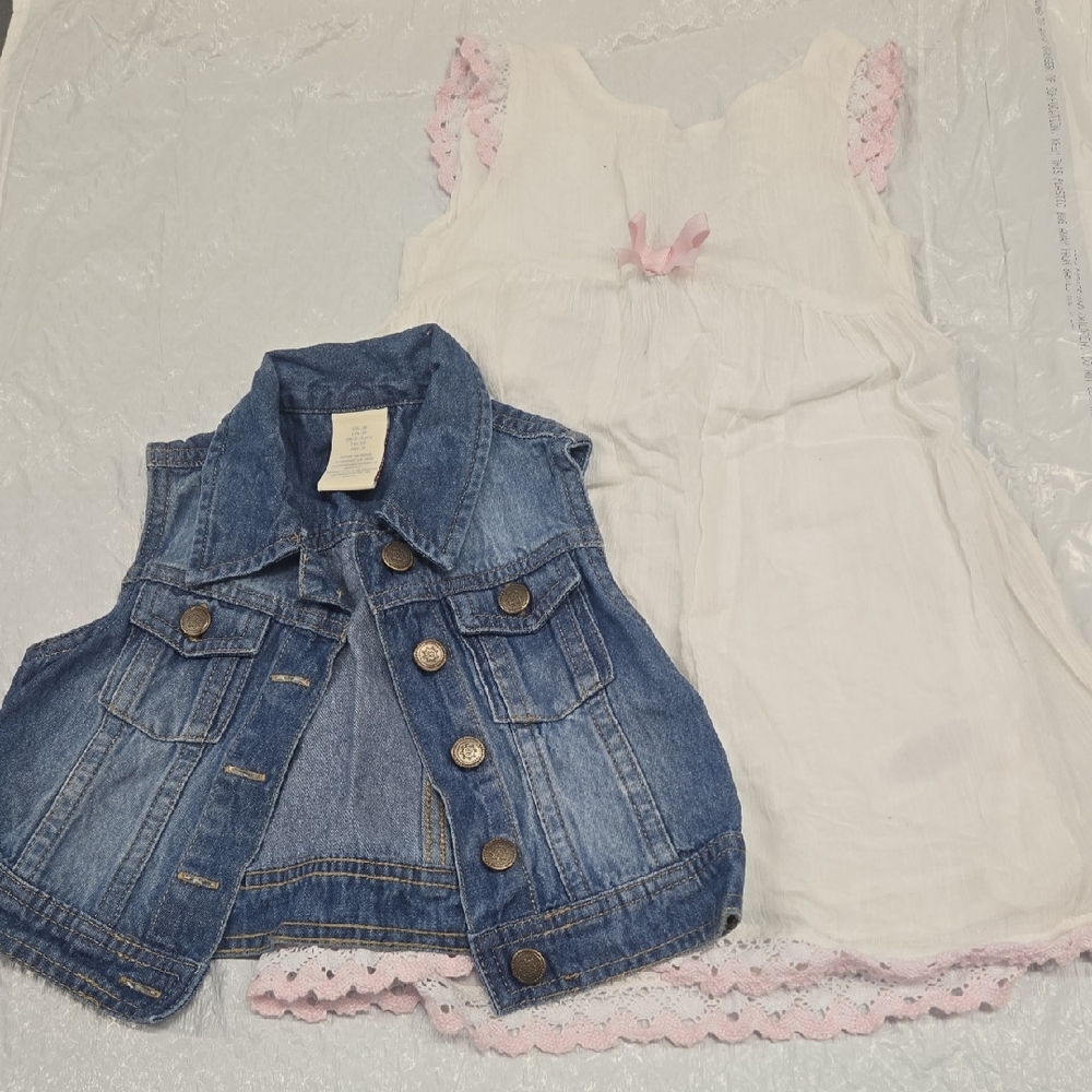 White Dress with Pink Accents and Denim Vest
